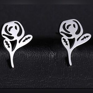 “Beauty Beast” Enchanted Rose Disney Lasercut Cut-Out Outline Floral Silver Stud